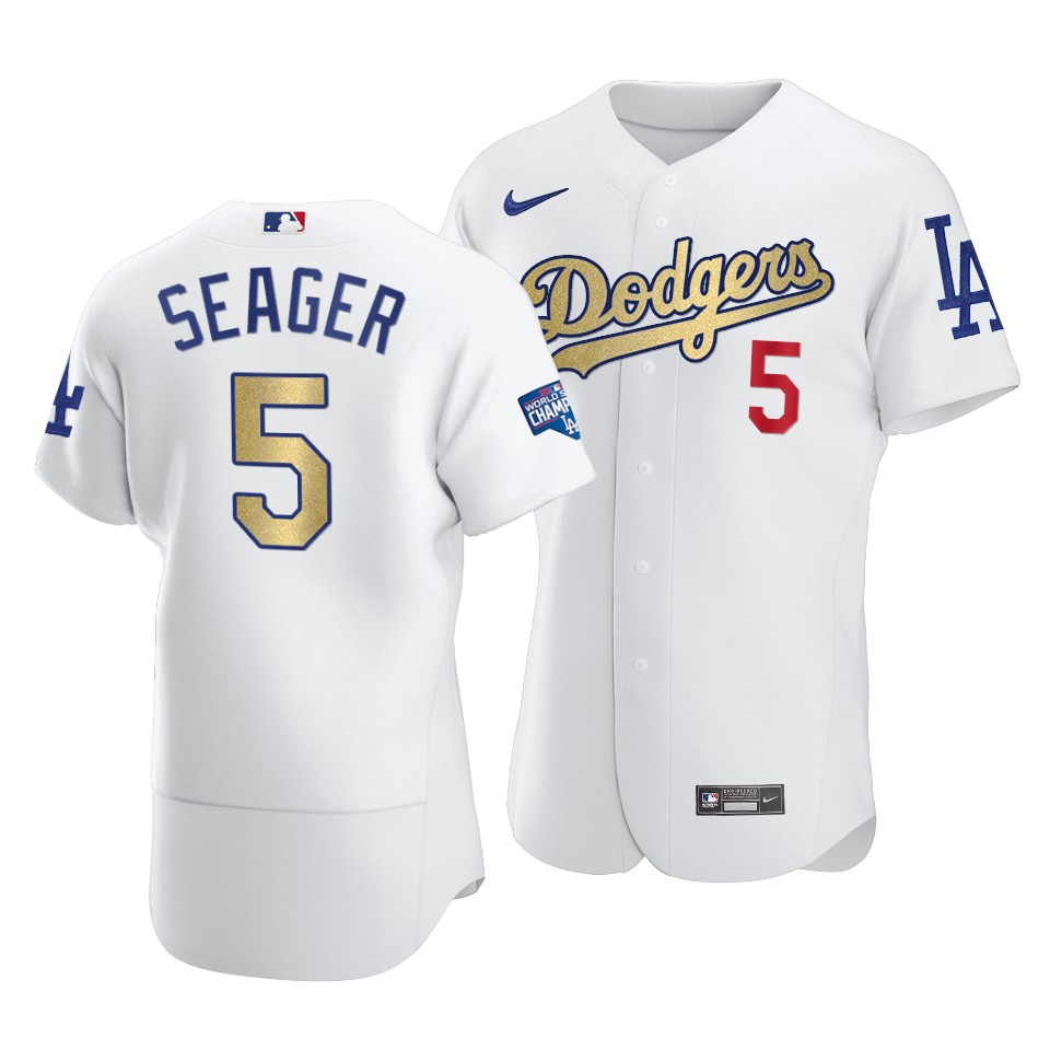 Men's Los Angeles Dodgers #5 Corey Seager 2021 White Gold World Series Champions Patch Sttiched Jersey